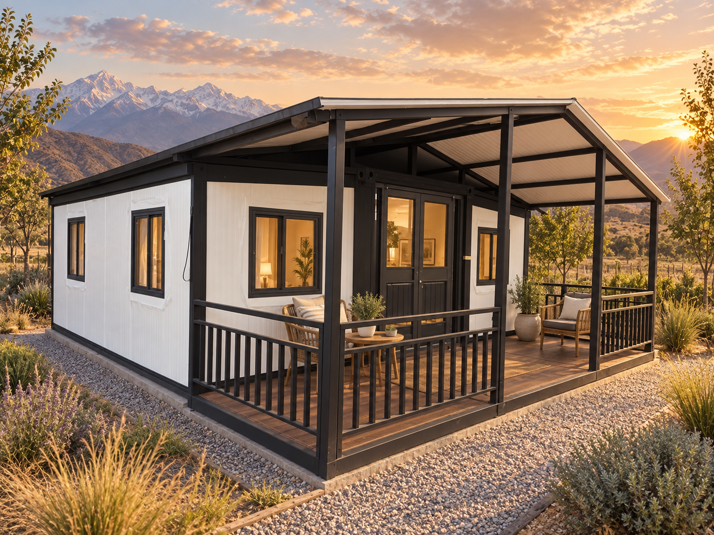 Casa modular MI CASA instalada con galería en un paisaje de montaña